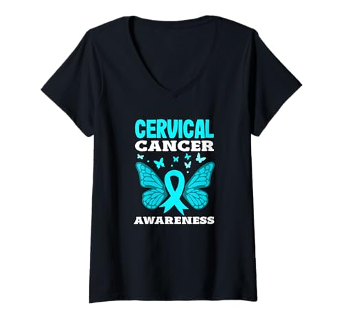 Damen Unterstützung für Gebärmutterhalskrebs mit Schmetterlingsmotiv, Blaugrün T-Shirt mit V-Ausschnitt von Cervical Cancer Awareness Apparel Gifts Gift Ideas