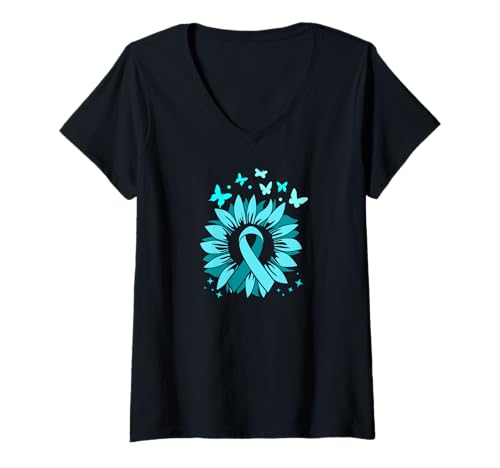 Damen Unterstützung für Gebärmutterhalskrebs mit Schmetterlingsmotiv, Blaugrün T-Shirt mit V-Ausschnitt von Cervical Cancer Awareness Apparel Gifts Gift Ideas