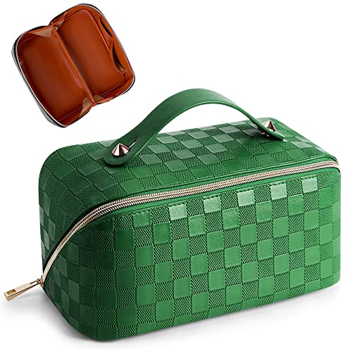 Große Kapazität Reise Kosmetiktasche Plaid Kariert Make-up Tasche Tragbare Leder Wasserdichte Hautpflege Tasche mit Griff und Trennwand für Frauen, Grün von Cessfle