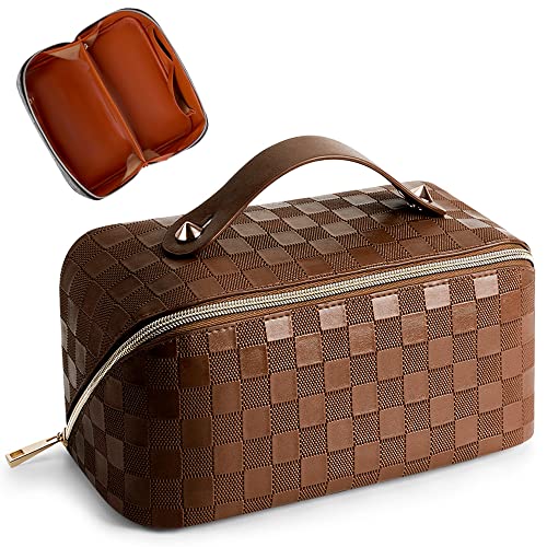 Große Kapazität Reise Kosmetiktasche Plaid Kariert Make-up Tasche Tragbare Leder Wasserdichte Hautpflege Tasche mit Griff und Trennwand für Frauen, PU-Braun, Modisch von Cessfle