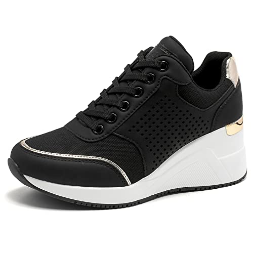 Cestfini Plateau Sneaker Keilabsatz Schuhe für Damen Schwarz Tennisschuhe Freizeitschuhe Turnschuhe Wedges Sneaker & Sportschuhe für Damen W145-RT-DE-BLACKGOLD-40 von Cestfini