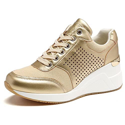 Cestfini Plateau Sneaker Keilabsatz Schuhe für Damen Tennisschuhe Freizeitschuhe Turnschuhe Wedges Sneaker & Sportschuhe für Damen W145-RT-DE-GOLD-37 von Cestfini