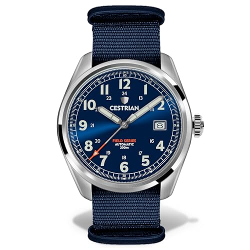 Cestrian Field Series Automatikuhr für Herren, blaues Sunburst-Zifferblatt, NATO-Armband, Militär-Stil, 200 m, CF221N0660, blau, Armband von Cestrian