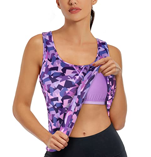 Cestyle Damen Yoga Workout Tank Tops mit eingebauten Regal-BHs Sommer Loose Fit Racerback Tank Top, Lila Geometrie, Groß von Cestyle