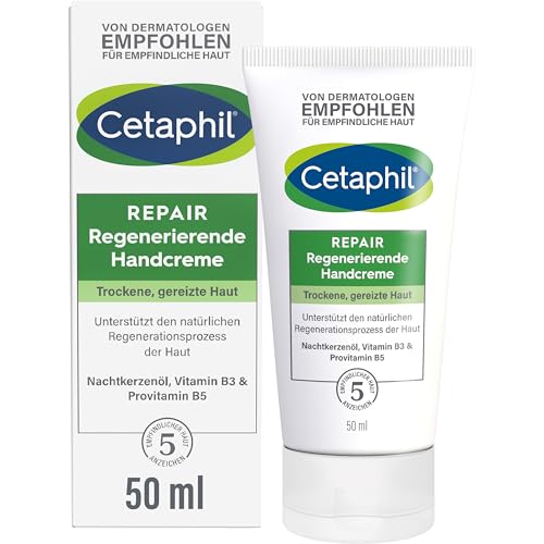 CETAPHIL Repair Regenerierende Handcreme, 50ml, Für beanspruchte, empfindliche und trockene Hände, Regeneriert nach belastender Tätigkeit, Mit Provitamin B5, Vitamin B3, Vitamin E & Nachtkerzensamenöl von Cetaphil