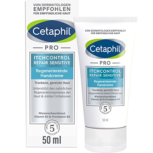 CETAPHIL PRO ItchControl Repair Sensitive Regenerierende Handcreme, 50ml, Für juckende, trockene und gereizte Hände, Unterstützt die Regeneration der Hautbarriere und glättet raue Hände, Mit mit Provitamin B5, Vitamin B3, Vitamin E, Wiesenschaumkrautöl und Glycerin, Von dermatologischen Experten entwickelt für empfindliche Haut von Cetaphil