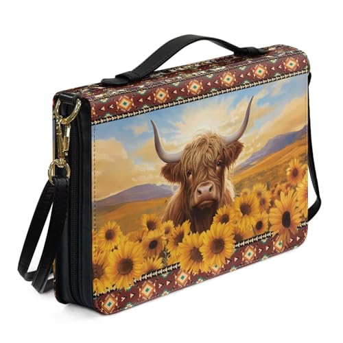 Ceudet Bibelhülle aus Leder für Damen und Herren, leichte Bibelhülle mit Gurt, wasserdichte Bibeltasche mit Griffen, Highland Cow Sunflower Aztec - Multi, XL von Ceudet