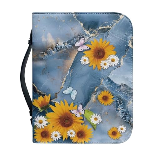Ceudet Bibelhülle aus PU-Leder für Männer und Frauen, Aand Cross Bibelhülle, Bibelbuchhülle, Bibeltasche, L, Blauer Marmor und Sonnenblumen, xl von Ceudet
