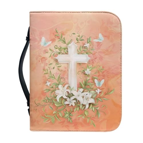Ceudet Bibelhülle aus PU-Leder für Männer und Frauen, Aand Kreuz, Bibelhülle, Bibelbuchhülle, Bibeltasche, L, Schmetterlingskreuz Blumen, L von Ceudet