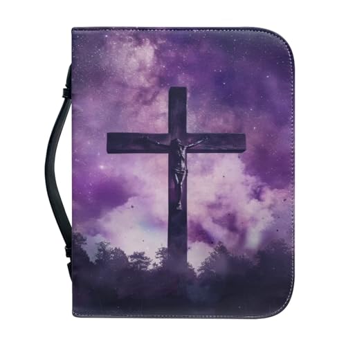 Ceudet Bibelhülle für Damen und Herren, tragbare Tragetasche, Kirchentasche, Bibel mit Griff, Geschenke für Kirche A, A und A, XL, Himmel und violettes Kreuz, L von Ceudet