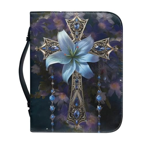 Ceudet Bibelhülle für Frauen und Mädchen, PU-Leder, Bibelhülle mit Tragegriff oben, Zubehör, niedliche Katze, M, Blumen und Kreuz, xxl von Ceudet