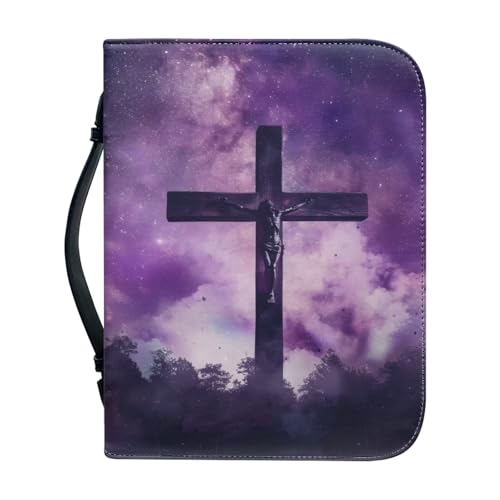Ceudet Bibelhülle mit Griff, Tragetasche, Kirchentasche, Bibel, schützend mit Reißverschlusstasche, Bibelstudium, Zubehör, Buchschutz für Buchliebhaber, gotisches Kreuz und Hirsch, M, Lila Himmel und von Ceudet