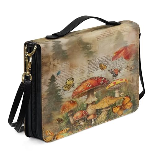 Ceudet Bibelhülle mit Katzenmotiv, Leder, Bibelhülle für Damen, Bibeltasche mit Schultergurt, Bibeltasche mit Stiftaufbewahrung, Orange und Schwarz, Größe M, Pilz, Schmetterling, braun, L von Ceudet