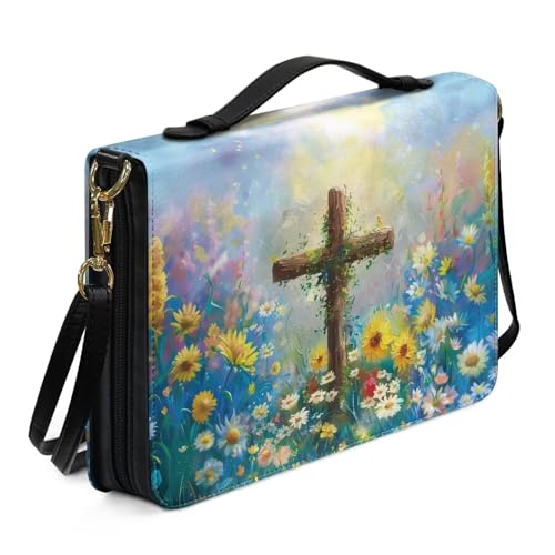 Ceudet Bibelhülle mit Retro-Blumen- und Kolibri-Druck, mit Schultergurt, Kunstleder, für Damen und Herren, Kirche, Bibeltasche, Schriftschutz, Buch-Organizer, Größe XL, Gänseblümchen-Kreuz, L von Ceudet