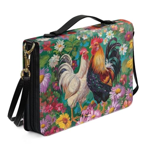 Ceudet Bibelhülle mit Retro-Blumen- und Kolibri-Druck, mit Schultergurt, Kunstleder, für Damen und Herren, Kirche, Bibeltasche, Schriftschutz, Buch-Organizer, Größe XL, Retro-Blumen-Hahn, XXL von Ceudet