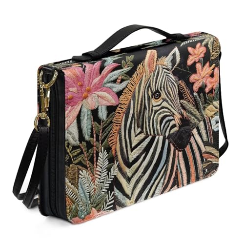 Ceudet Bibelhülle mit Retro-Blumen- und Kolibri-Druck, mit Schultergurt, Kunstleder, für Damen und Herren, Kirche, Bibeltasche, Schriftschutz, Buch-Organizer, Größe XL, Retro Flower Zebra, XXL von Ceudet