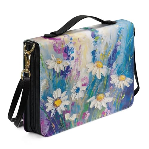 Ceudet Bibelhülle mit Retro-Blumen- und Kolibri-Druck, mit Schultergurt, Kunstleder, für Damen und Herren, Kirche, Bibeltasche, Schriftschutz, Buch-Organizer, Größe XL, Retro-Gänseblümchen, M von Ceudet