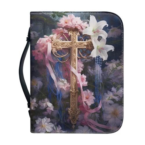 Ceudet Bibelhülle mit Sonnenblume und Kreuzmotiv, für Damen und Herren, Tragetasche, Scripture Bag, PU-Leder, leicht, Kirchentasche für Christen, Rosa Flora-Kreuzdruck, L von Ceudet