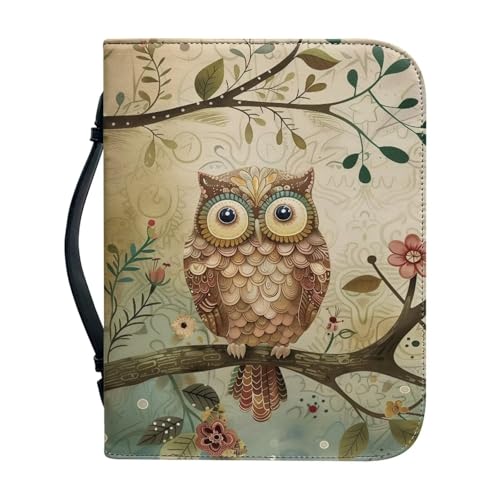 Ceudet Bibelhüllen für Damen, PU-Leder, Bibelhülle mit Griff und Reißverschluss, Bibeltasche für Mädchen, Bibeltasche, Kreuzblumen und Schmetterling, Größe M, Eulenmotiv, M von Ceudet
