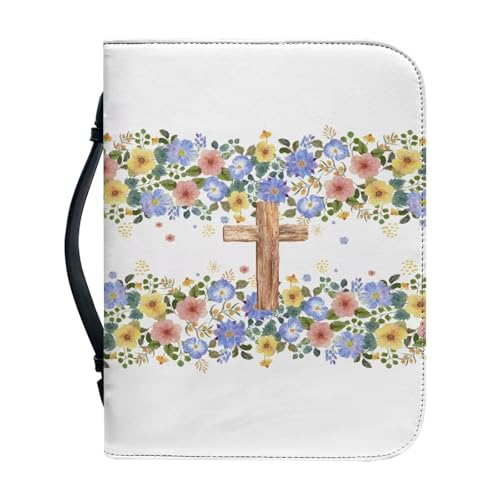 Ceudet Bibelhüllen für Damen, PU-Leder, Bibelhülle mit Griff und Reißverschluss, Bibeltasche für Mädchen, Bibeltasche, Kreuzblumen und Schmetterling, M, Kreuz und Blumen, M von Ceudet