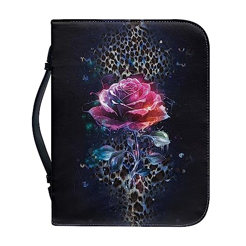 Ceudet Bibelhüllen mit blauem Rosen-Blumendruck, für Damen und Herren, PU-Leder, Bibeltasche mit Griff, Bibeltasche, Reißverschluss, Bibelhülle für Bibelstudium, Größe M, Rosa mit Blumenmuster, L von Ceudet