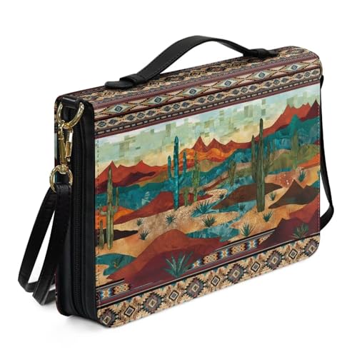 Ceudet Bibeltragetasche für Damen, PU-Leder, Bibelbuchhülle, wasserdicht, Bibeltasche mit Schultergurt, Kaktus im Azteken-Stil, mehrfarbig, L von Ceudet