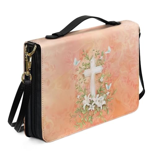Ceudet Bibeltragetasche für Damen, PU-Leder, Bibelbuchhülle, wasserdicht, Bibeltasche mit Schultergurt, Kreuzschmetterling, Lilienrosa, xl von Ceudet