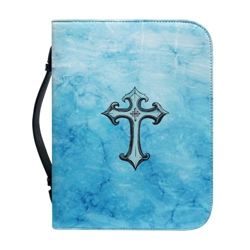 Ceudet Blaue Bibelhülle mit Eulen-Motiv, für Damen und Herren, Bibelhülle mit Griff, wasserdicht, mit Griff und Bibeltasche mit Reißverschluss, Kirchentasche, Blaue Marmor-Aderung und Kreuz, L von Ceudet