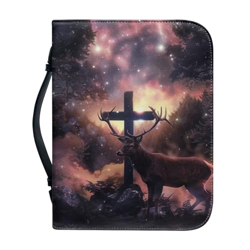 Ceudet Blaue Bibelhülle mit Eulen-Motiv, für Damen und Herren, Bibelhülle mit Griff, wasserdicht, mit Griff und Bibeltasche mit Reißverschluss, Kirchentasche, Kreuz und Hirsch, L von Ceudet