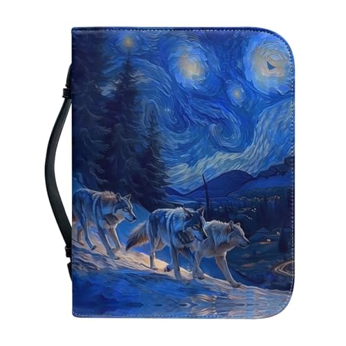 Ceudet Blaue Bibelhülle mit Eulen-Motiv, für Damen und Herren, Bibelhülle mit Griff, wasserdicht, mit Griff und Bibeltasche mit Reißverschluss, Kirchentasche, Sterne und Wolf, L von Ceudet