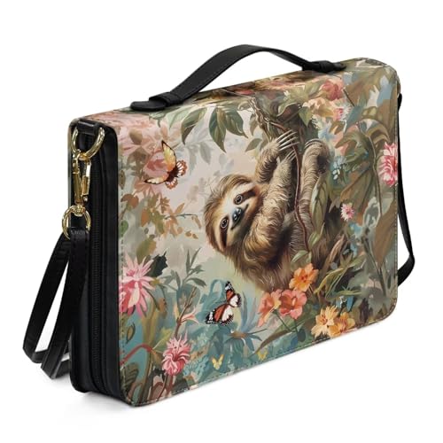 Ceudet Highland Rinder Kuh Blumendruck Bibelhülle für Damen und Herren, Buchtragetasche mit Schultergurt, PU-Leder, Bibelschutz, AChurch Bibeltasche für Gebetsstudium, L, Retro Blume Faultier von Ceudet