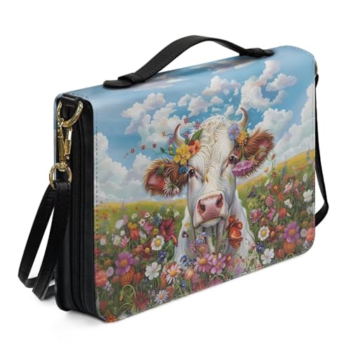 Ceudet Highland Rinder Kuh Blumendruck Bibelhülle für Damen und Herren, Buchtragetasche mit Schultergurt, PU-Leder, Bibelschutz, AChurch Bibeltasche für Gebetsstudium, L, Retro Flower Cow, L von Ceudet
