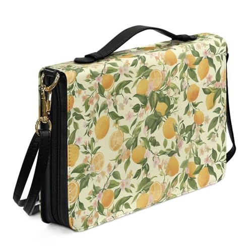 Ceudet Retro Rose Mops Hund Druck PU Leder Bibelhülle mit Schultergurt für Damen Herren Buchtragetasche Kirche Bibeltasche ABag Schrift Schutz für Gebet 2XL, Retro-Zitronenblüte, M von Ceudet