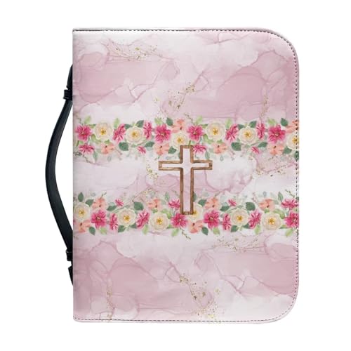 Ceudet Schutzhülle für Damen, Leder, wasserdicht, mit Lesezeichen, Bibel mit Griff, Rosa Marmor-Kreuz, M von Ceudet
