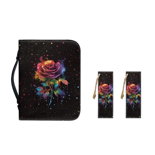 Ceudet St. Patrick Bibeltragetasche für Damen, mit Leder-Lesezeichen, PU-Leder, Bibelhülle, Bibelaufbewahrungstasche mit Stiftschlitzen, Bibelstudiumzubehör, Bunte Kunstrose, 2XL-12"x9"x2.4" von Ceudet