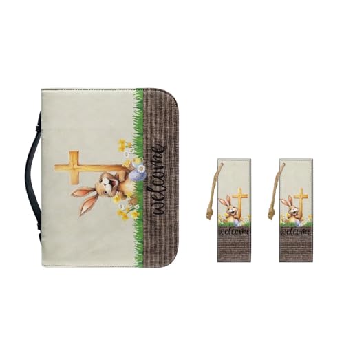 Ceudet St. Patrick Bibeltragetasche für Damen, mit Leder-Lesezeichen, PU-Leder, Bibelhülle, Bibelaufbewahrungstasche mit Stiftschlitzen, Bibelstudiumzubehör, Osterhasenkreuz, 2XL-12"x9"x2.4" von Ceudet