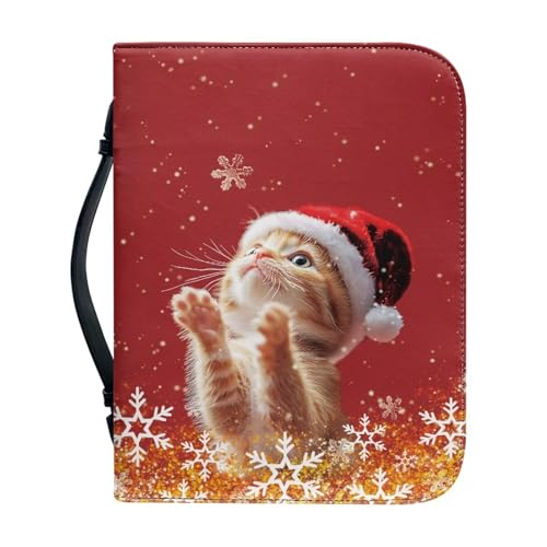 Ceudet Weihnachtsbaum-Bibelhülle mit Griff, PU-Leder, Bibeltragetasche für Kirche, mit Reißverschluss, Bibelschutz, Weihnachtsgeschenk für Familie, Größe XXL, Niedliche Weihnachtskatze, xl von Ceudet
