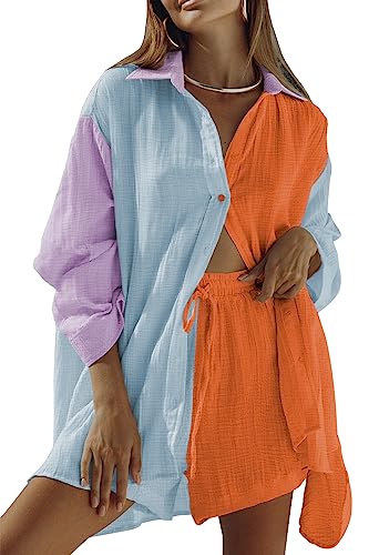 Ceuplon 2-teiliges Damen-Outfit, langärmeliges Oberteil und Shorts, Sweatanzug-Set, S-Grapefruit Orange, XL von Ceuplon