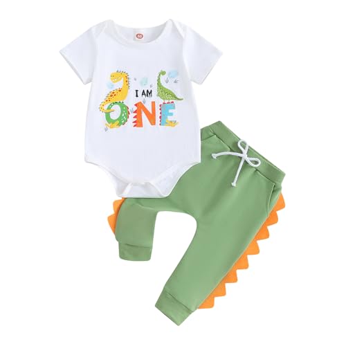 Cevoerf Kleinkind Baby Jungen Geburtstag Outfit 1. - 5. Dinosaurier Strampler Shirt Jogger Hose Set 1 2 3 4 5 Jahre Geburtstag Outfit Junge, Grün – Dinosaurier One, 12-18 Monate von Cevoerf