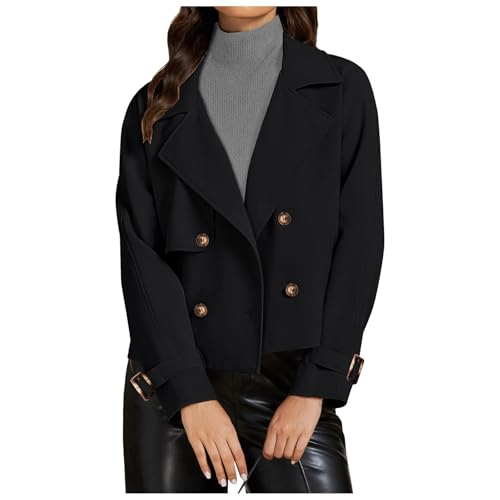 Cexiakong Cropped Trenchcoat für Damen langärmelig zweireihig gekerbtes Revers leger lockere Passform Cabanjacke Elegante Trenchcoat Locker Wintermantel Kurz Jacke Winter Coat Party von Cexiakong