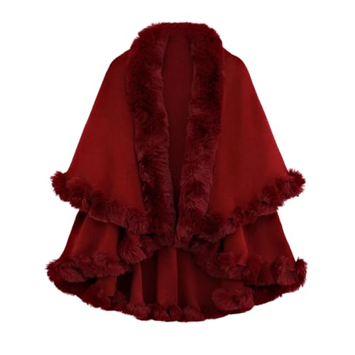 Cexiakong Damen Weihnachten Kunstpelz Strick Poncho Cape Winter Umhang Strickjacken Warm Umhang Gestrickt mit Kapuze Cardigan Brautjacke Bolero für Winter Hochzeit Abend Weihnachten Schwarz von Cexiakong