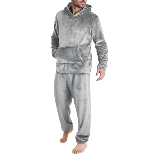 Cexiakong Herren Dicker Pyjama Lang Schlafanzug Fleece Hoodie und Schlafhose Set Pyjama Herren und Teenager Jungen Flanell Hausanzug Winter Set Lang Pyjama mit Kapuze Baggy von Cexiakong