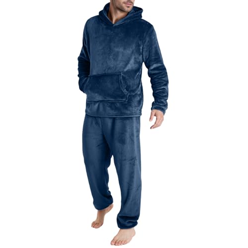 Cexiakong Herren Dicker Pyjama Lang Schlafanzug Fleece Hoodie und Schlafhose Set Pyjama Herren und Teenager Jungen Flanell Hausanzug Winter Set Lang Pyjama mit Kapuze Weich von Cexiakong