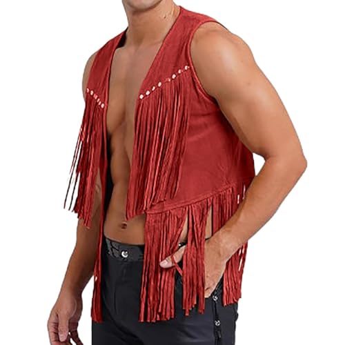 Cexiakong Herren Wildleder Weste Fransen Ärmellos Cowboy Weste Indianer Weste Mit Fransen Retro Boho Hippie Outfit Festival Karneval Kostüm Fransen Weste Strickjacke Vorderseite Hippie Faux Bequem von Cexiakong