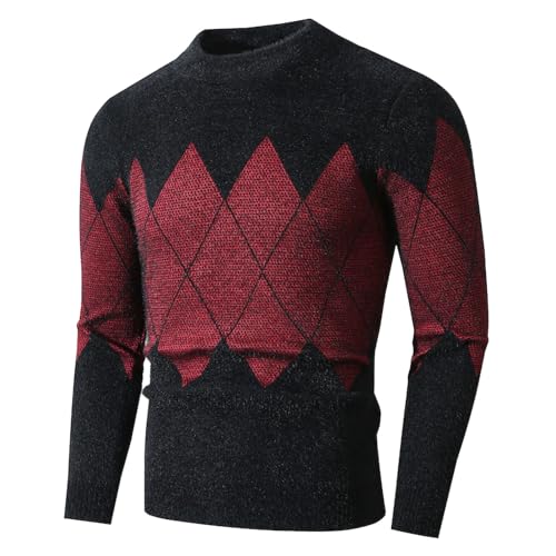 Cexiakong Herren Wollmischung Strickpullover Argyle Rundhalsausschnitt Pullover Sweater Retro Argyle Pullover Langarm Lose Rundhalsausschnitt Klassischer Strickpullover Diamantmuster von Cexiakong