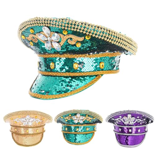 Cexiakong Pailletten Mütze Karneval Punk Hut Burning Man Sparkly Steampunk Hüte Damen Militär Kapitän Kappe Weihnachtsmütze von Cexiakong