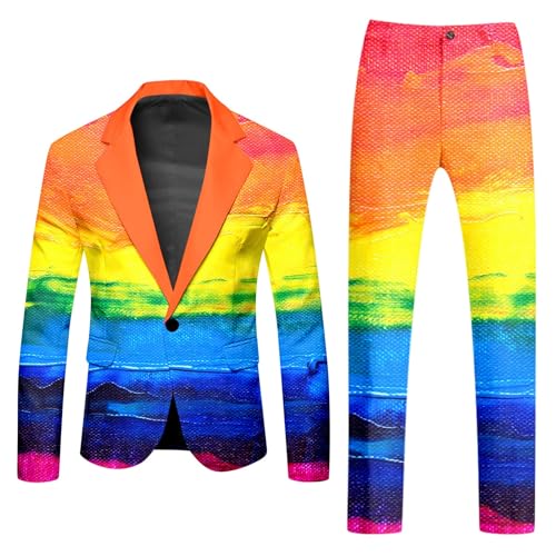 Cexiakong Pride Outfit Herren Regenbogen Anzug 2 Teilig Sportlich Sakko Hose Konfetti Anzug Herren 80er 90er Jahre Neon Party Outfit Bunte Karneval Mottoparty Slim Fit Hippie Kleidung von Cexiakong