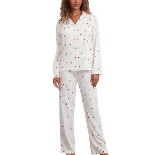 Cexiakong Revers Pyjama Set Für Damen Pfirsich Herzmuster Twosie Pyjama Set Lässige Baumwolle Langärmelig Oberteile Hosen Weiche Nachtwäsche Loungewear Frühling Herbst Und Winter Soft von Cexiakong