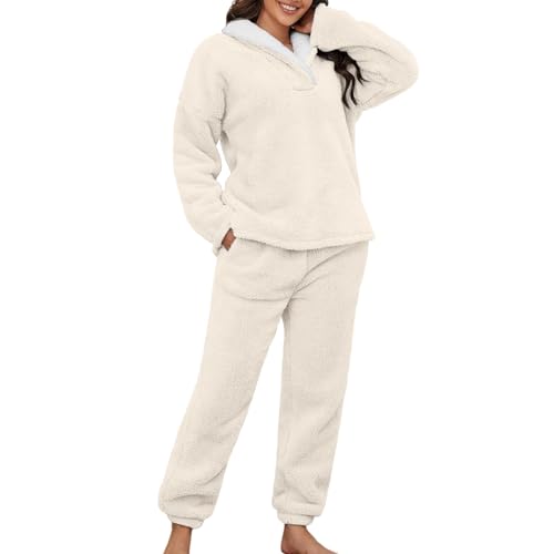Cexiakong Schlafanzug Damen Winter Thermo Pyjama Set Langarm Fleece Nachtwäsche Set Weicher Warmer Heim Lounge Anzug mit Sweatshirt und Hose Polar PjS Winter von Cexiakong