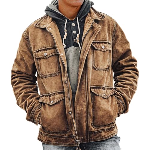 Cexiakong Vintage Trucker Wildlederjacke für Herren echtes Lammfell Herren Lederjacken Hemdkragen Jacken Vintage Hemd Wildlederlook Freizeithemd Langarm Karneval von Cexiakong